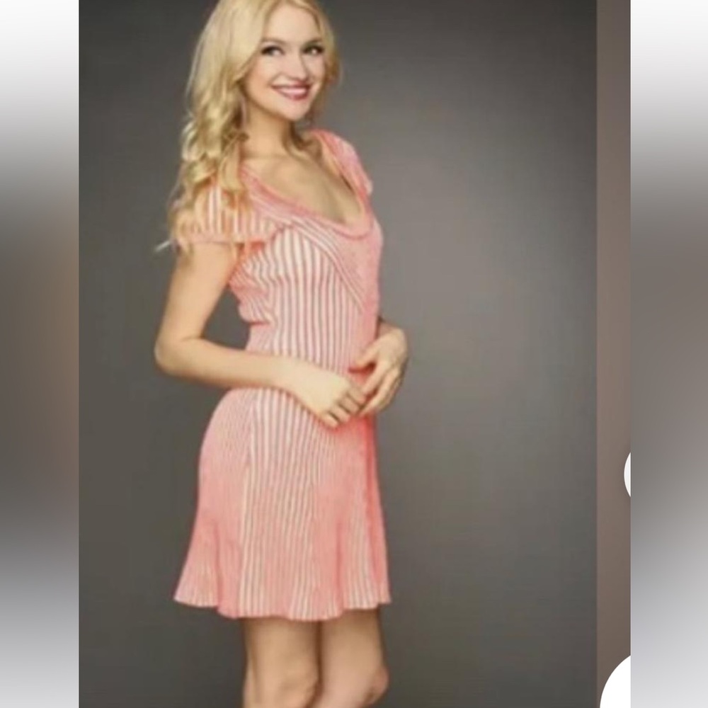 FREE PEOPLE Rib Knit HOT OFF THE PRESS Neon Pink Striped DRESS M